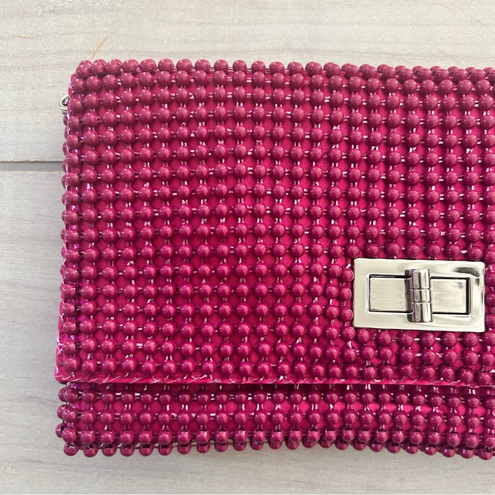 NWT BCBGMaxAzria Pink Beaded Silver Chain Strap Clutch Handbag - Picture 2 of 8
